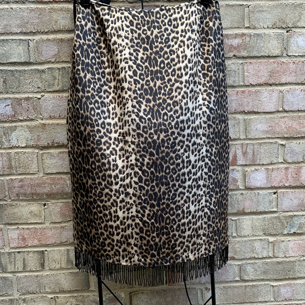 Silk Leopard Print Fringe Skirt